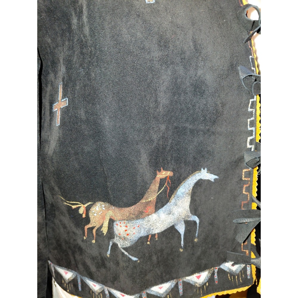 Patricia Wolf Black Suede Hand Painted Horse Fringe Western Jacket Womens Medium - Picture 3 of 15